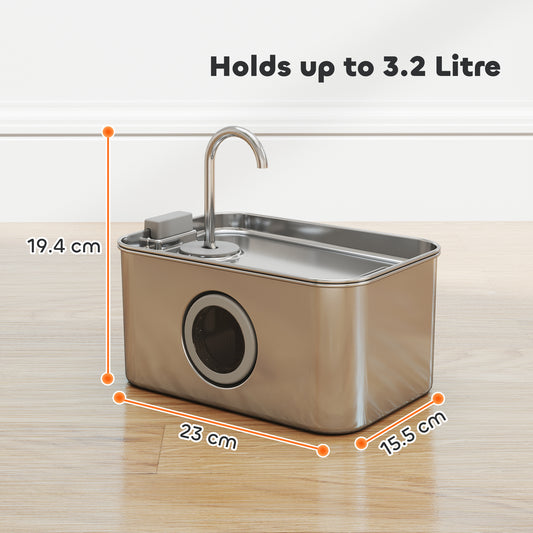 PawHut 3.2L Cat Water Fountain for Drinking, Cat Fountain Stainless Steel with Visible Water-Level Window, Ultra-Silent Pump