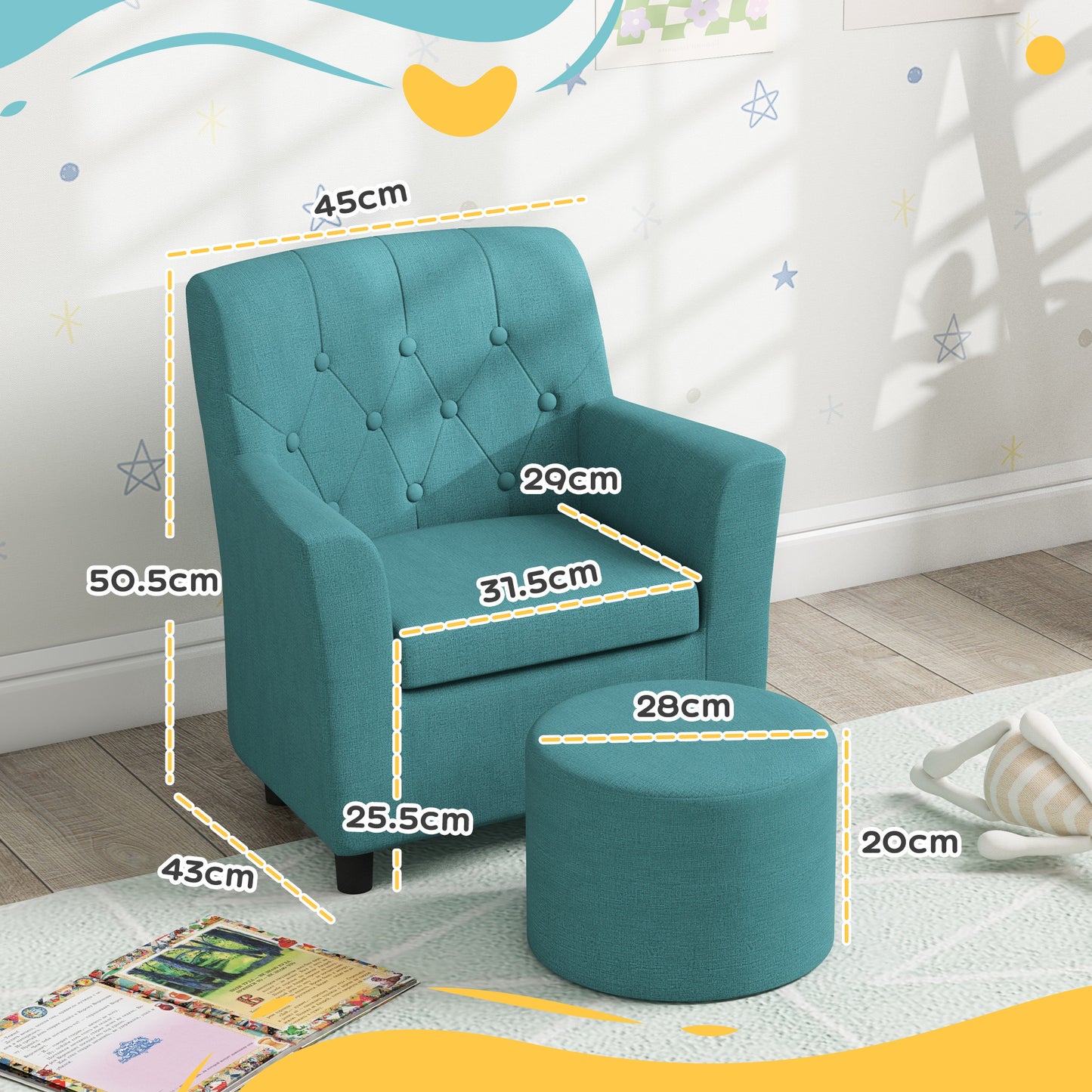 AIYAPLAY 2 Piece Kids Sofa Set with Footrest, for Playroom, Bedroom, Blue