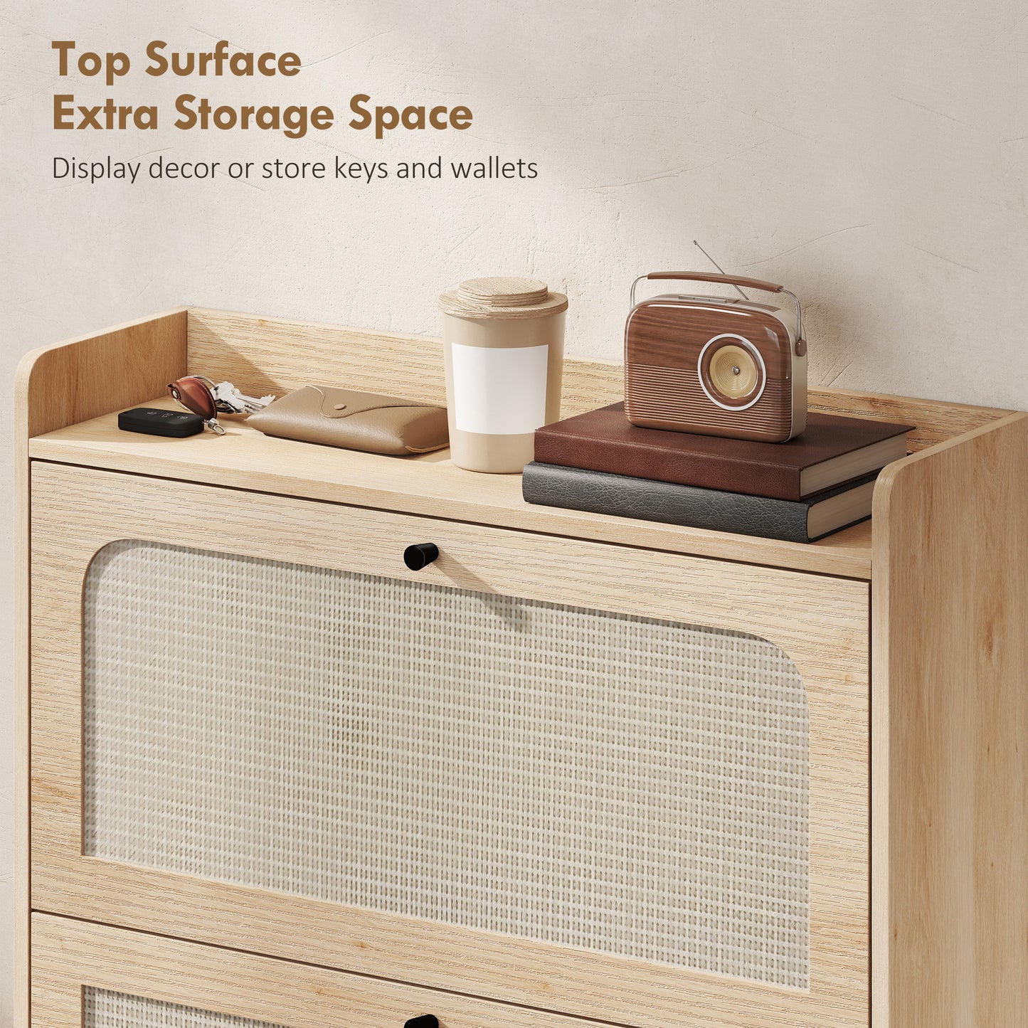 Boho Narrow Shoe Cabinet | 2 Flip Drawers | Rattan Fronts | 12-16 Pairs | Adjustable Shelves | Anti-Tip Hardware | Melamine Coating | 40kg Capacity | 80x23.7x99.5cm | Oak