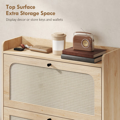 Boho Narrow Shoe Cabinet | 2 Flip Drawers | Rattan Fronts | 12-16 Pairs | Adjustable Shelves | Anti-Tip Hardware | Melamine Coating | 40kg Capacity | 80x23.7x99.5cm | Oak