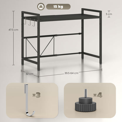Expandable Microwave Oven Rack with 3 Hooks - Black