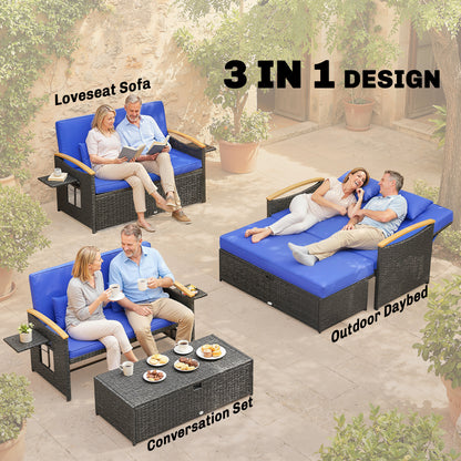 3-in-1 Rattan Garden Daybed | Loveseat to Daybed | Storage Ottoman | 5-Level Adjustable Backrest | 2 Foldable Side Tables | All-Weather PE Rattan | 240kg | Brown