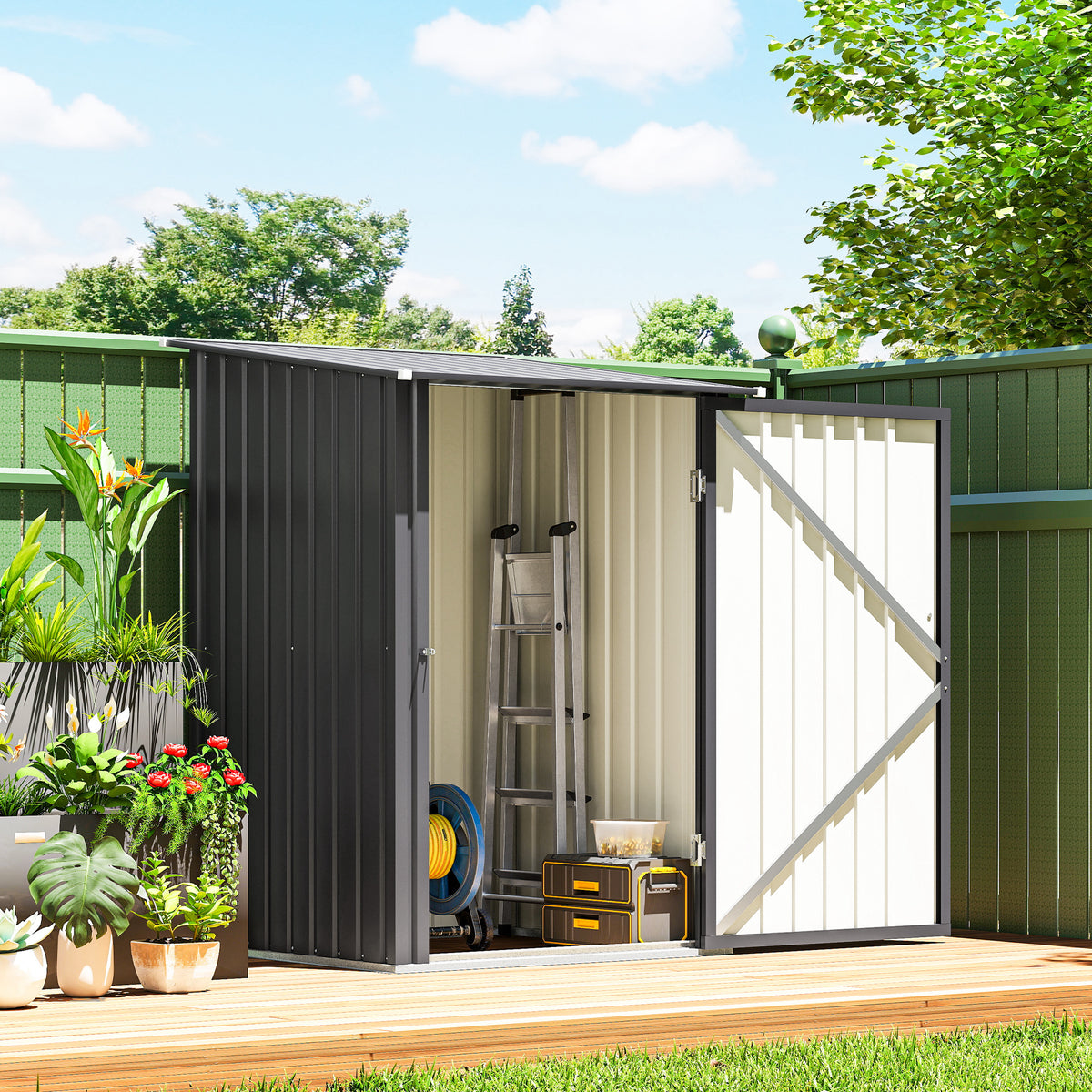 Lean To Steel Garden Shed with Latched Door | Galvanised Corrugated Steel | Sloped Roof | Dark Grey | 100x104x160cm | Inner 83x86cm | 20kg/m² Snow Load | No Rainwater Buildup | Assembly Required