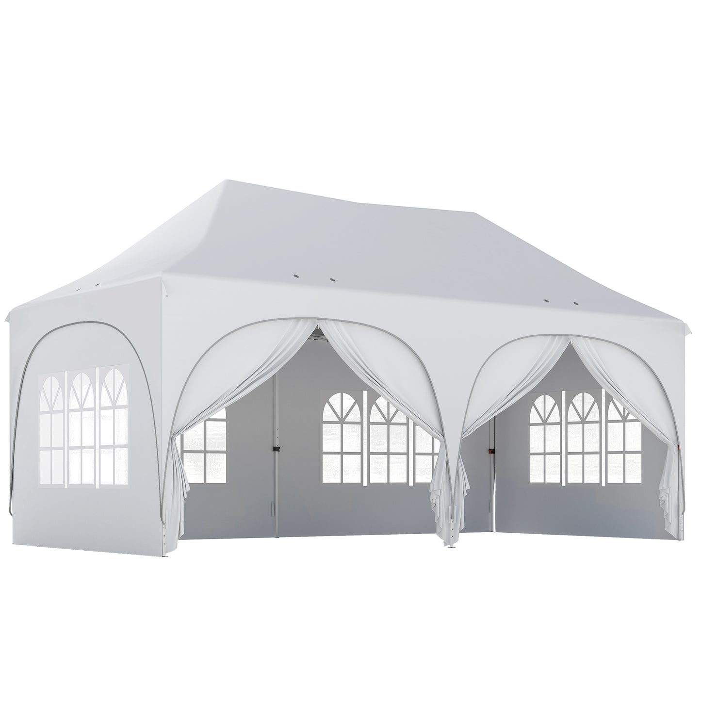 3x6m Peak-Top Pop-Up Party Gazebo | 15-20 People | UPF30+ 210D Oxford Fabric | 6 Sidewalls | 4 Windows & 2 Zipper Doors | 3 Height Settings | 12 Drainage Holes | Stakes, Ropes & Sandbags | Carry Bag | Light Grey & White