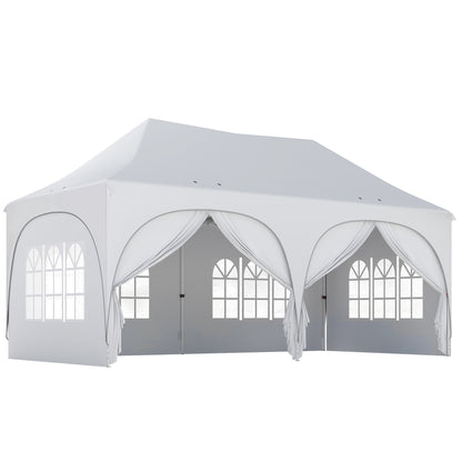 3x6m Peak-Top Pop-Up Party Gazebo | 15-20 People | UPF30+ 210D Oxford Fabric | 6 Sidewalls | 4 Windows & 2 Zipper Doors | 3 Height Settings | 12 Drainage Holes | Stakes, Ropes & Sandbags | Carry Bag | Light Grey & White