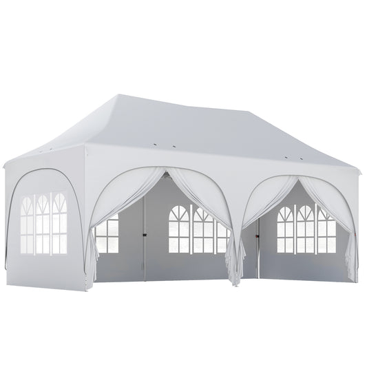 3x6m Peak-Top Pop-Up Party Gazebo | 15-20 People | UPF30+ 210D Oxford Fabric | 6 Sidewalls | 4 Windows & 2 Zipper Doors | 3 Height Settings | 12 Drainage Holes | Stakes, Ropes & Sandbags | Carry Bag | Light Grey & White