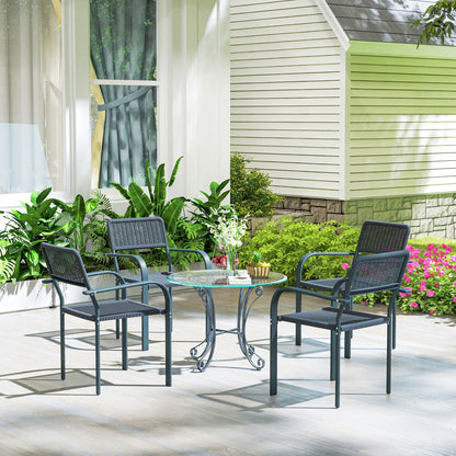 Garden Chairs Set of 4, Stackable Rattan Effect Dining Chairs with Armrest, Weather Resistant and Lightweight for Patio, Balcony, Terrace, Dark Grey