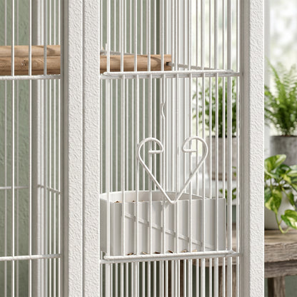 PawHut Bird Cage with Rolling Stand | Storage Shelf | Slide-Out Tray | 4 Feeder Doors | 2 Perches & Feeders | White