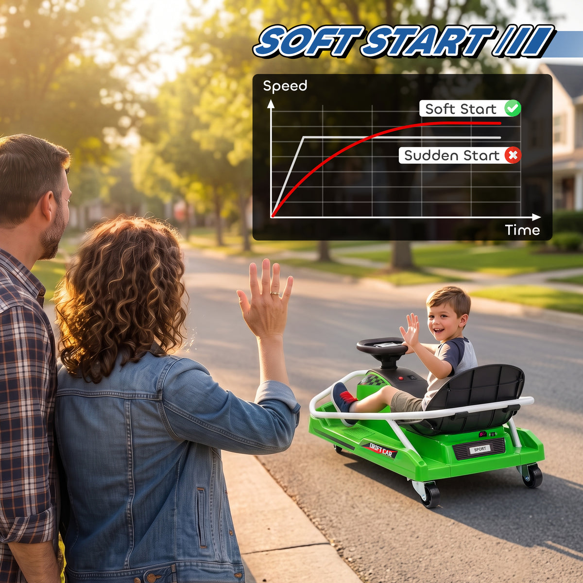Kids Electric Go Kart | 24V 300W Brushless Motor | Drift Mode | Soft Start | Dual Speed | Ages 6-10 | Green / Yellow / Red