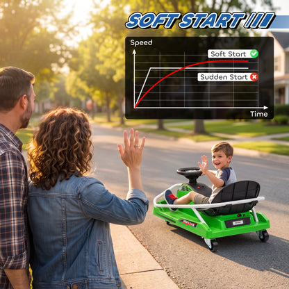 Kids Electric Go Kart | 24V 300W Brushless Motor | Drift Mode | Soft Start | Dual Speed | Ages 6-10 | Green / Yellow / Red