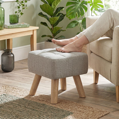 Square Padded Footstool Ottoman Pouffe | Tufted Linen-Look | Light Brown