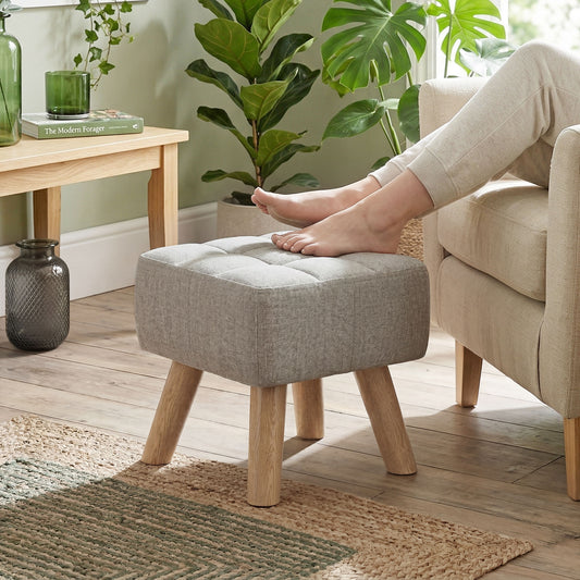 Square Padded Footstool Ottoman Pouffe | Tufted Linen-Look | Light Brown