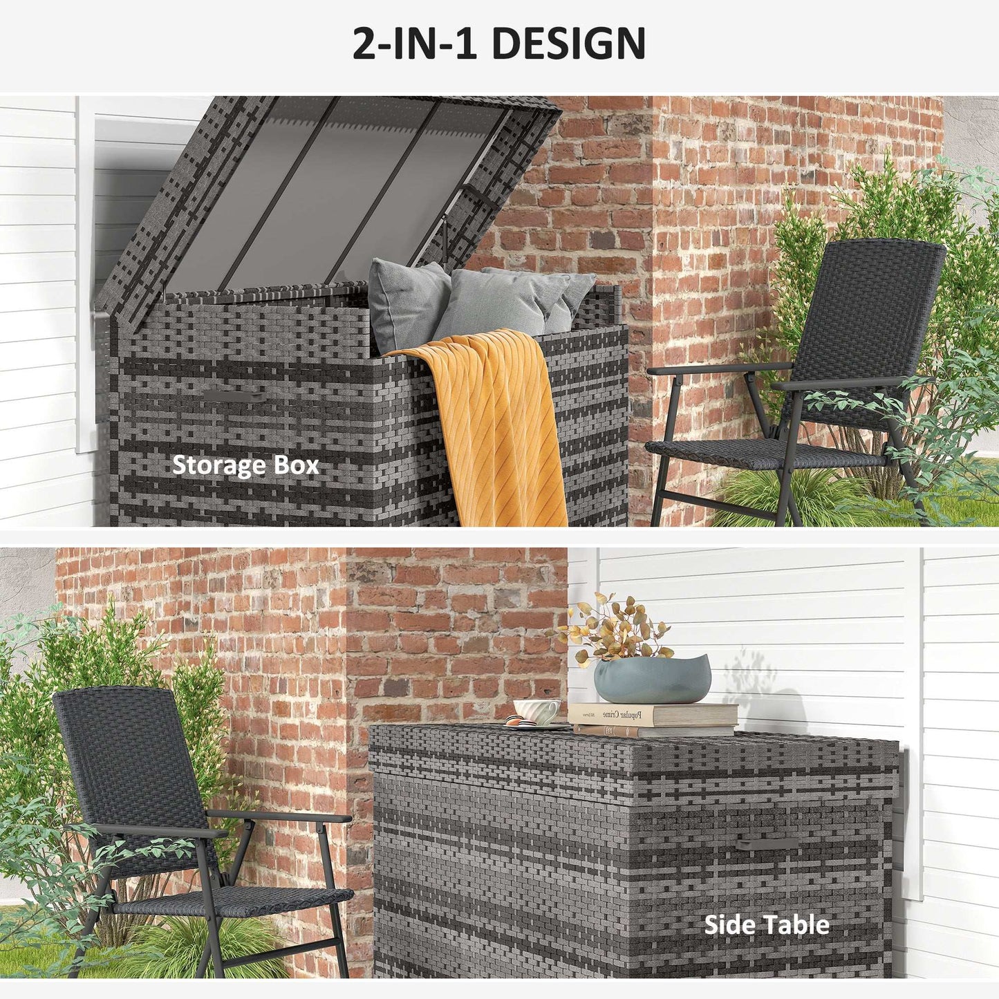 Outsunny 627 L Rattan Outdoor Garden Storage Box - Dark Grey