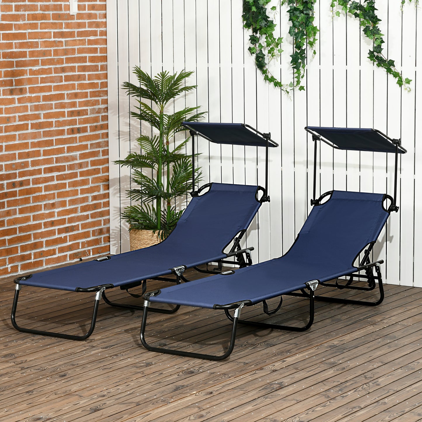 2 Piece Folding Sun Loungers with Canopy, Adjustable Recliner Garden Chairs with Side Pocket, Steel Frame and Breathable Mesh, Dark Blue