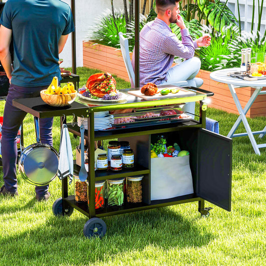 Outdoor BBQ Trolley with Foldable Side Table, Stainless Steel Top, Movable Outdoor Kitchen with Wheels Hooks Shelves Cabinet, Pizza Oven Table