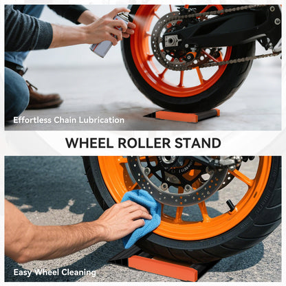 Motorcycle Wheel Cleaning Roller Stand with Aluminium Alloy Frame and Rollers, Maintenance Stand for Tyre Cleaning and Chain Lubrication, Fit Tyre Width < 180mm, Bikes < 500lb