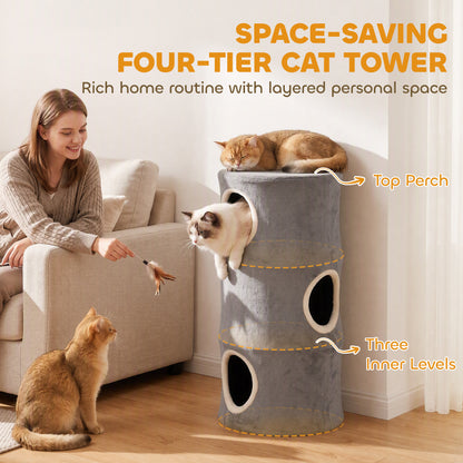 4-Tier Cat Tower | Grey Indoor Cat Condo with Washable Plush Cover, Cubbies & Climbing Levels | 6kg