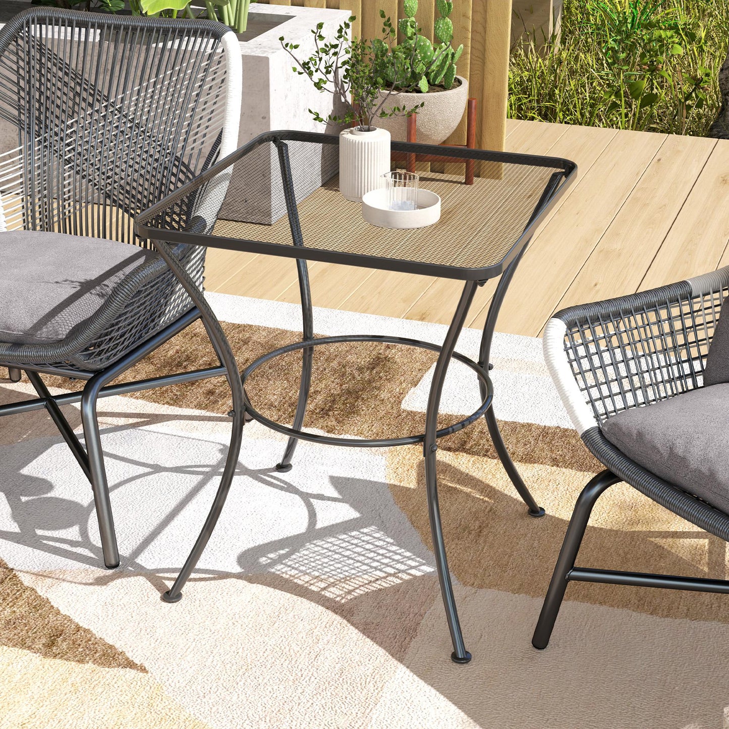 60cm Square Garden Table, Outdoor Metal Bistro Side Desk with Mesh Top, Black