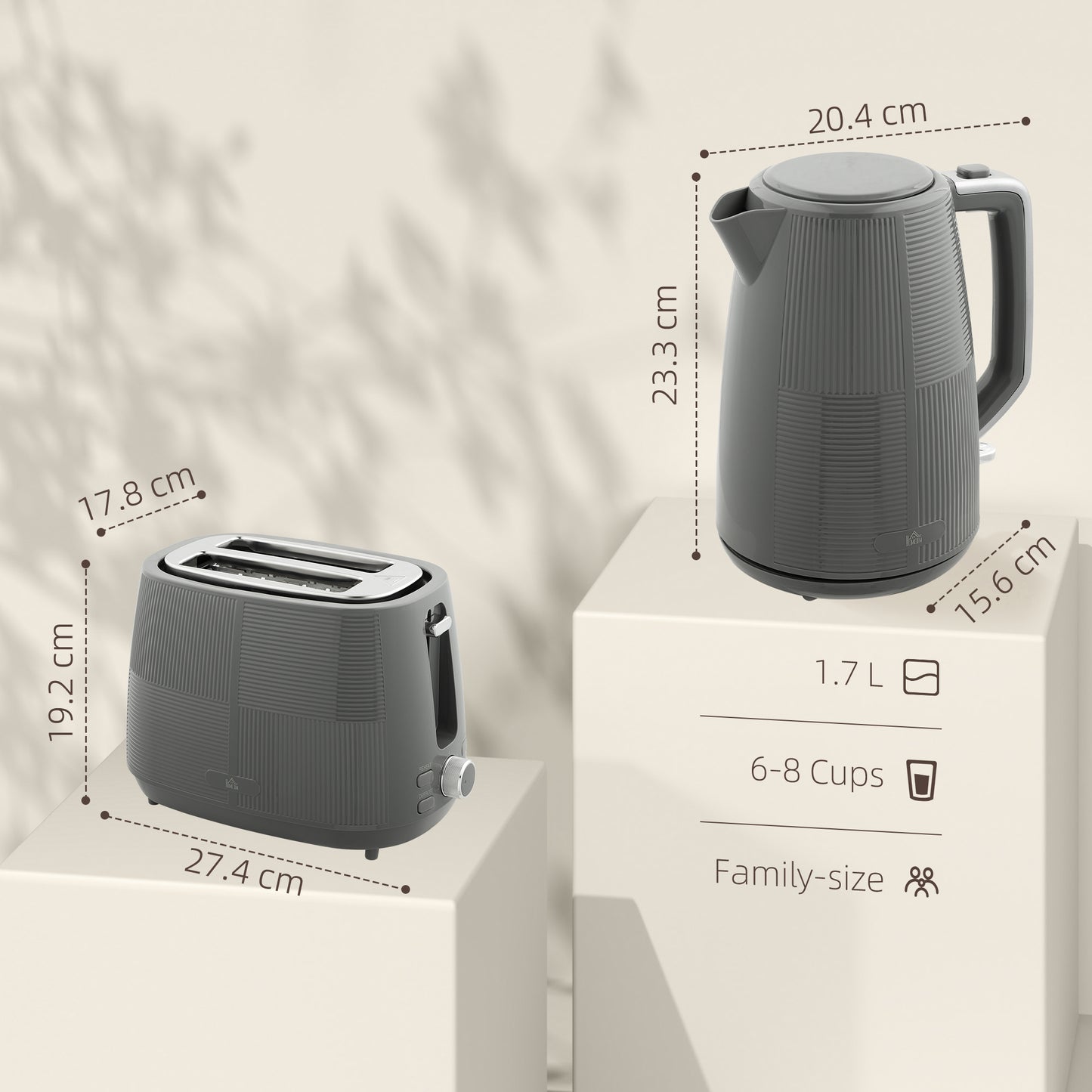 Kettle and Toaster Set, 1.7L 3000W Fast Boil Kettle & 2 Slice Toaster Kitchen Set with 7 Level Browning Controls, Defrost, Reheat, Boil, Grey