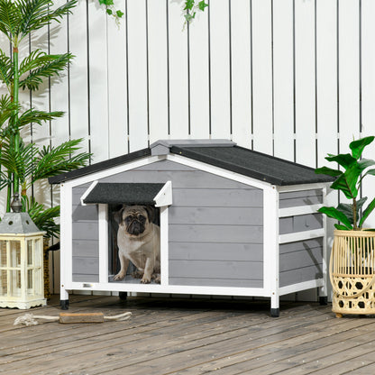 Wooden Dog Kennel | Asphalt Roof | Openable Top | Door Curtain | 2 Windows | Raised Base | Removable Tray | Small Dogs up to 15kg | 97 x 72 x 65cm | Grey