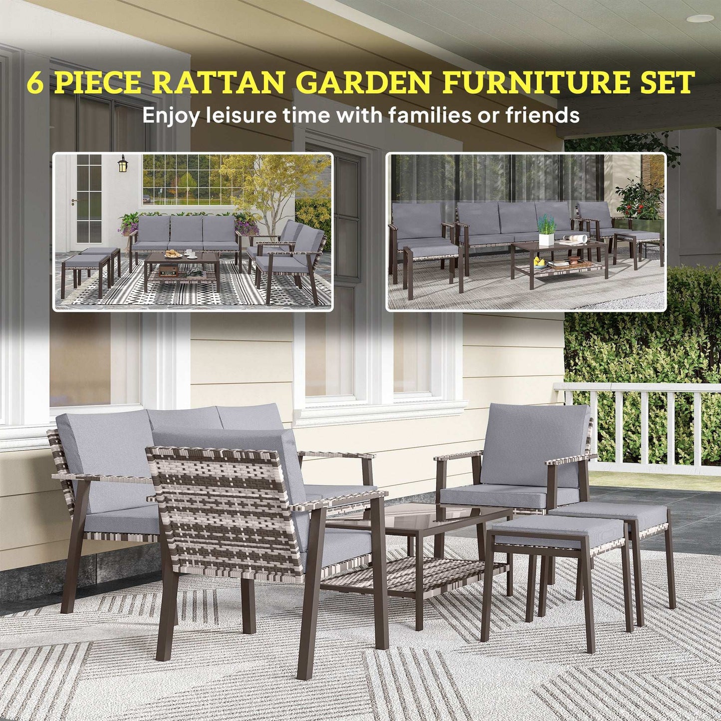 Outsunny 5 Piece Rattan Garden Furniture Set with 3-Seater Sofa 2 Chairs and 2 Footstools - Grey