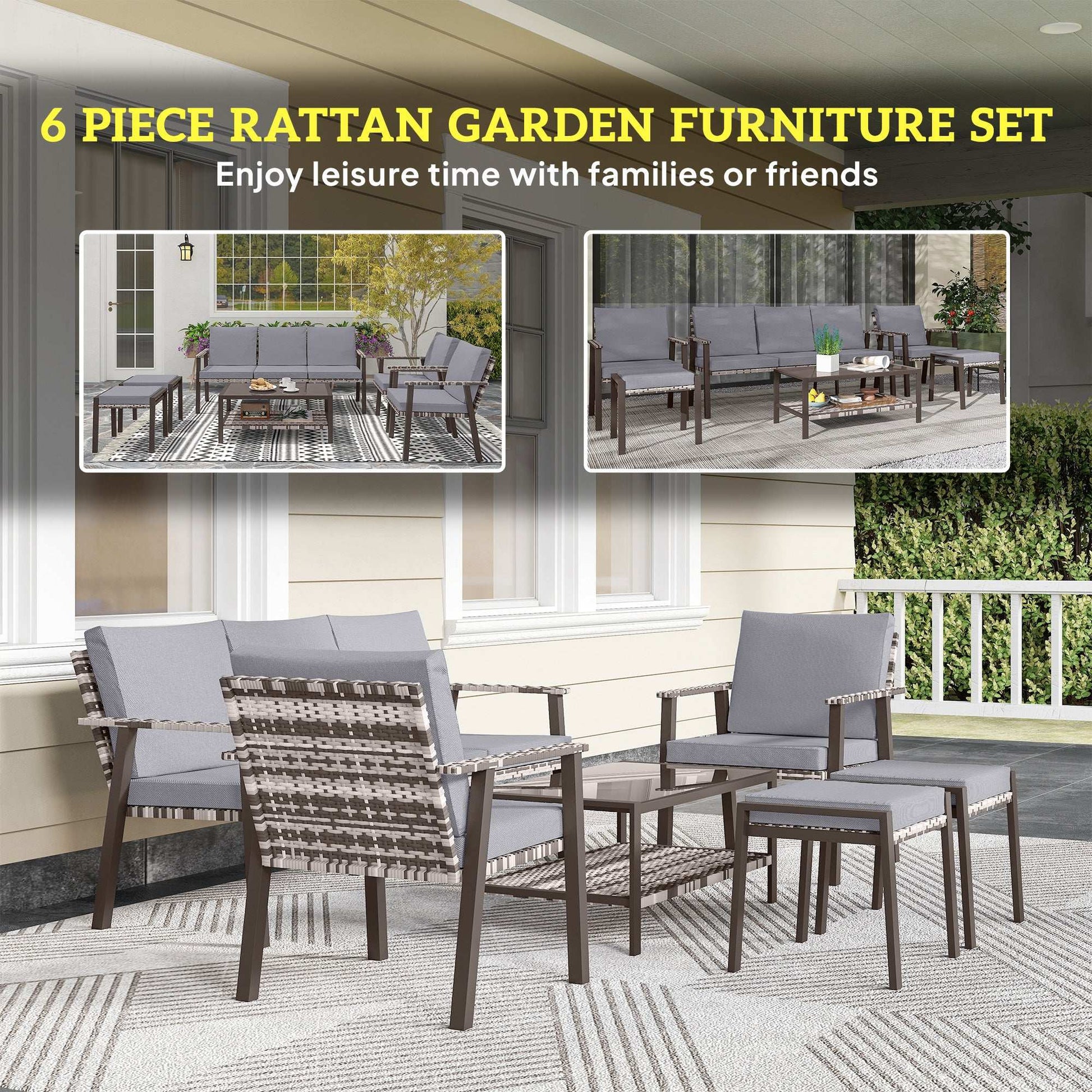 Outsunny 5 Piece Rattan Garden Furniture Set with 3-Seater Sofa 2 Chairs and 2 Footstools - Grey