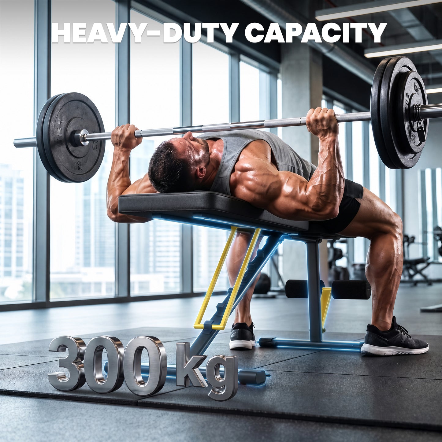 Adjustable Weight Bench | 300kg Capacity | Incline Decline Flat | 7 Backrest Positions | Resistance Bands | Foldable | Yellow
