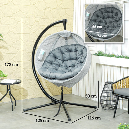 Hanging Egg Swing Chair Outdoor Indoor Garden with Folding Basket, Garden Hanging Chair with Stand, Thickened Cushion, Cup Holder for Patio, Balcony,