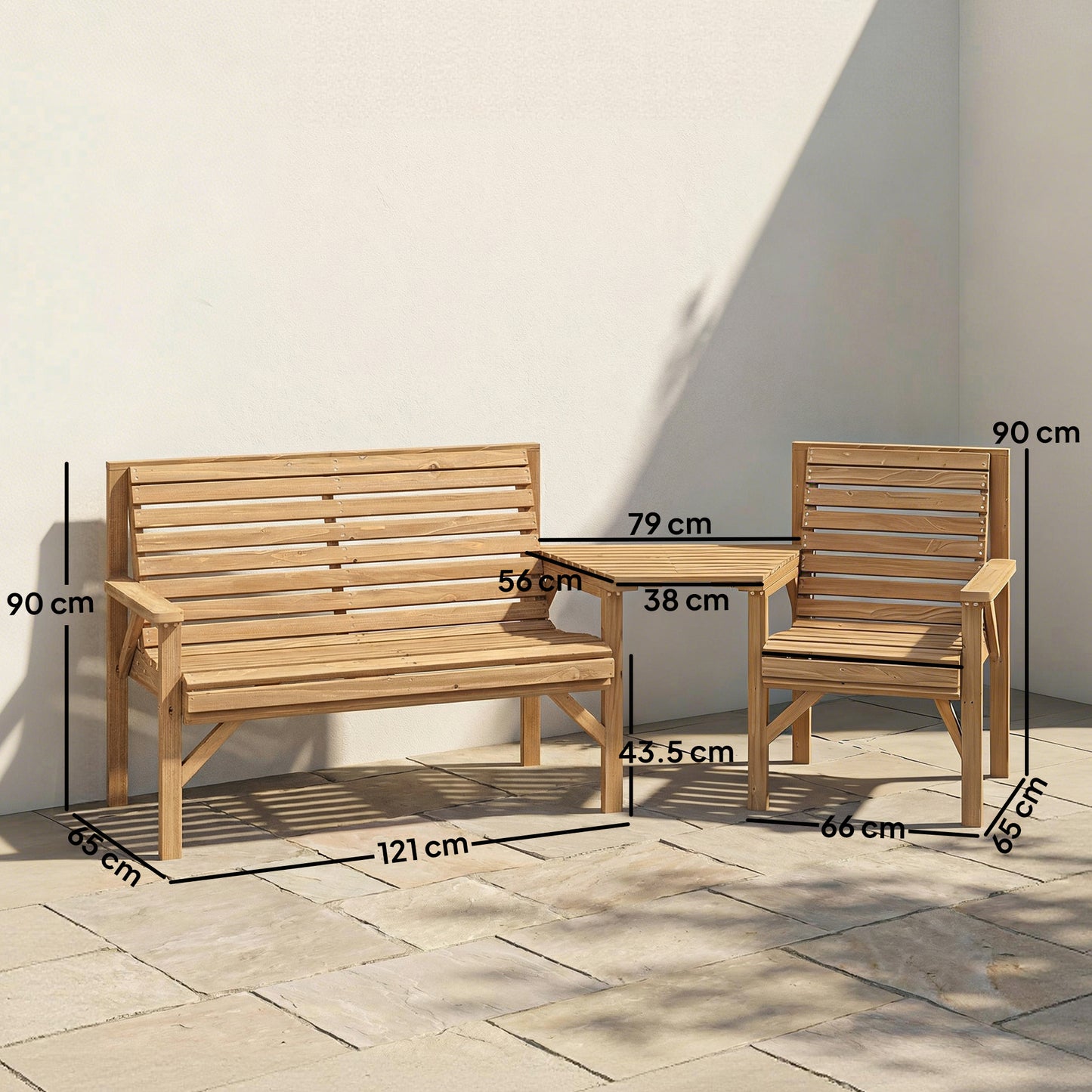 3-Piece Wooden Garden Furniture Set | Armchair | 2-Seater Bench | Detachable Tray Table | Umbrella Hole | Fir Wood | Water-Resistant | Natural Wood