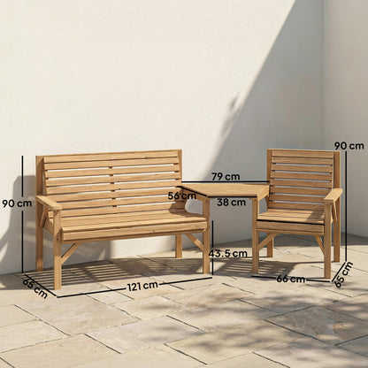 3-Piece Wooden Garden Furniture Set | Armchair | 2-Seater Bench | Detachable Tray Table | Umbrella Hole | Fir Wood | Water-Resistant | Natural Wood