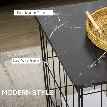 Side Table Set of 2 with Wire Storage Basket, End Tables Coffee Tables with Faux Marble Top for Living Room Bedroom, Black