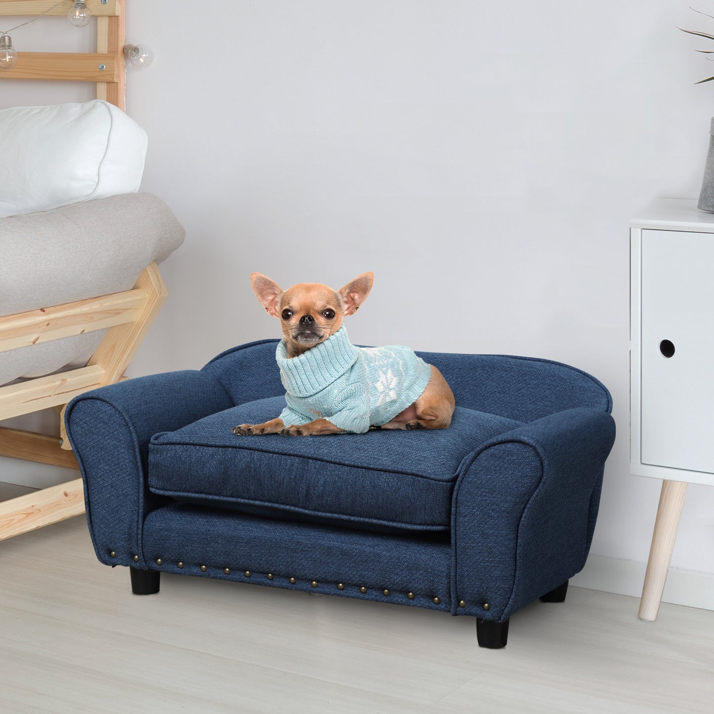 PawHut Dog Sofa For XS And S Size Dogs, Pet Chair Couch W/ Thick Sponge Padded Cushion, Kitten Lounge Bed With Washable Cover, Wooden Frame - Blue