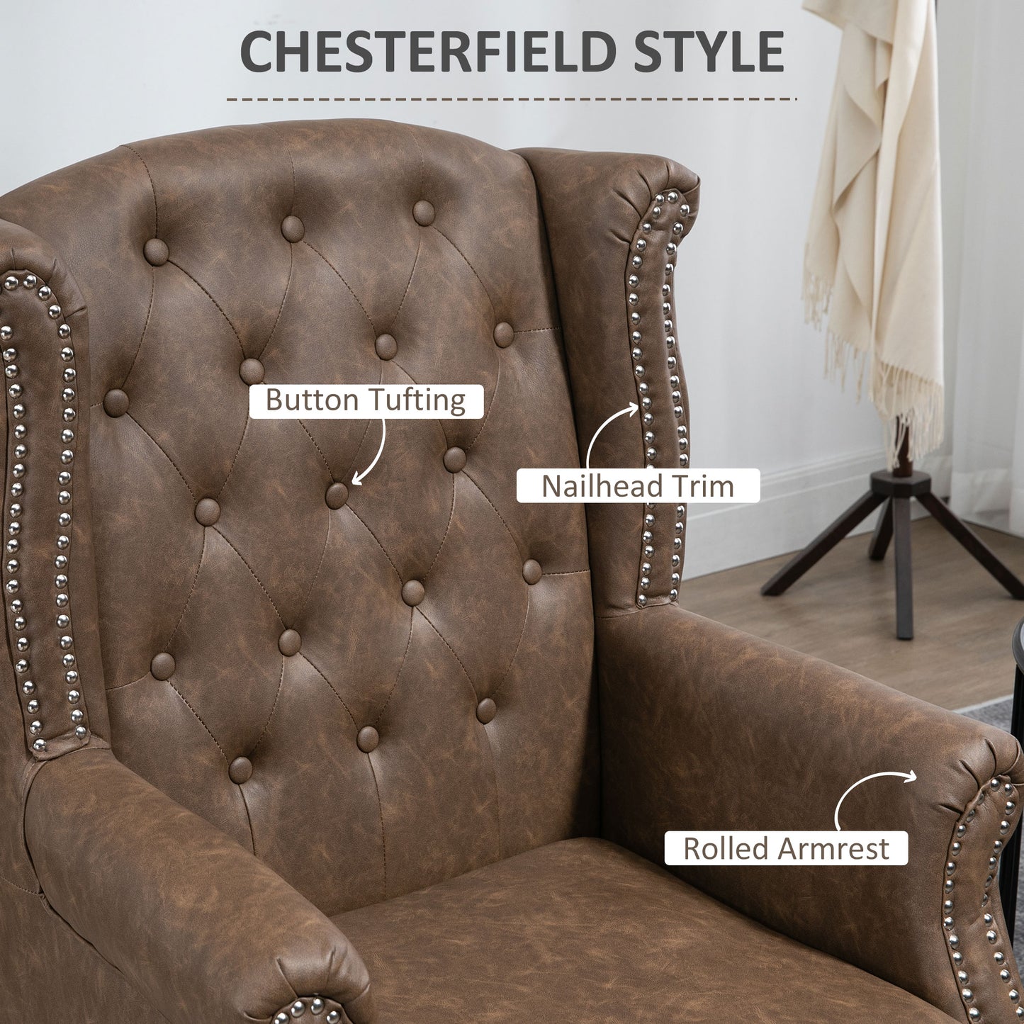 Retro Vintage Wingback Accent Chair Tufted Chesterfield-style Armchair with Nail Head Trim for Living Room Bedroom Brown