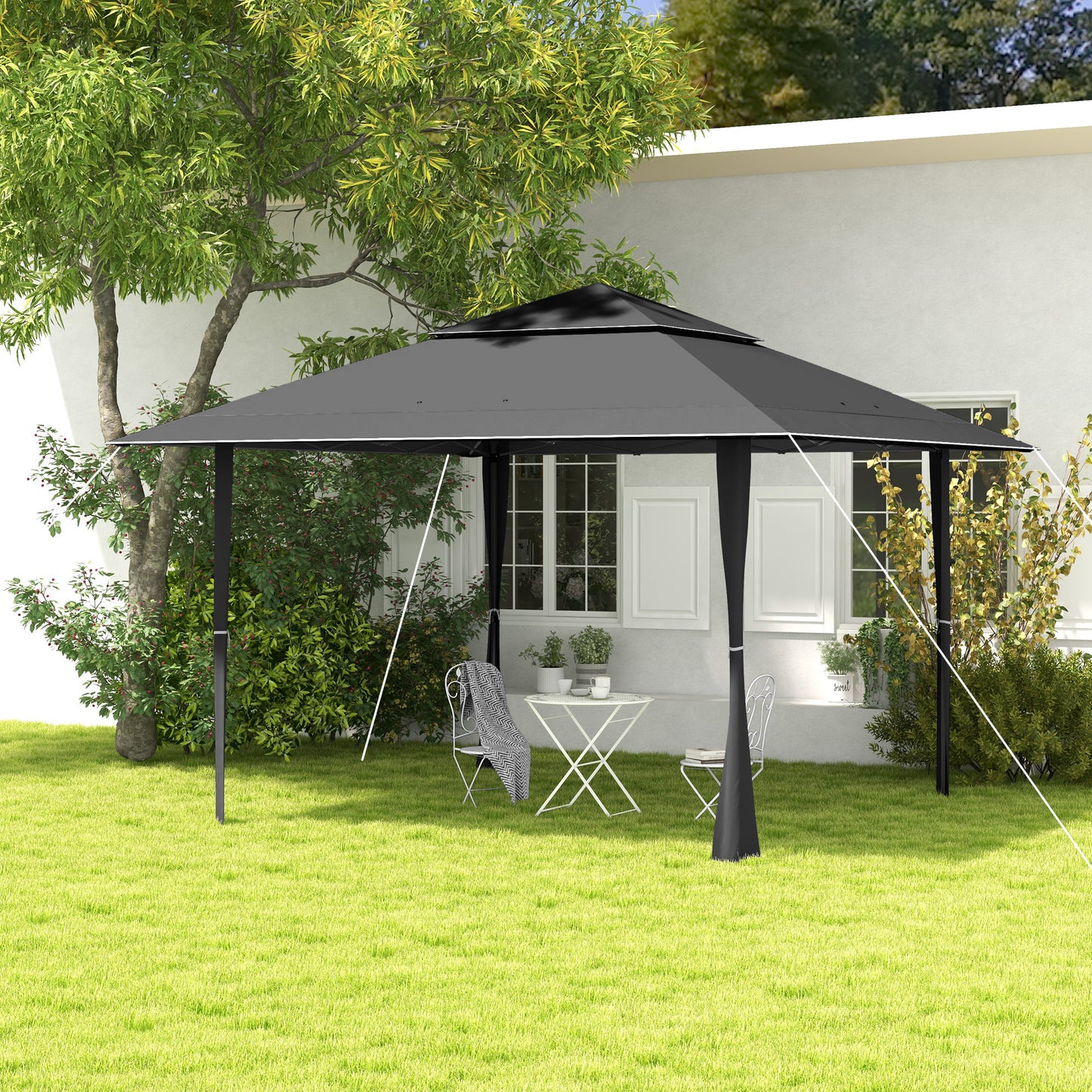 Outsunny 4 x 4m Pop-up Gazebo Double Roof Canopy Tent with UV Proof, Roller Bag & Adjustable Legs Outdoor Party, Steel Frame, Dark Grey