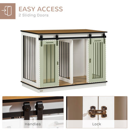 Dog Crate Furniture Side Table | Removable Divider | Double Sliding Doors | Large Dog or 2 Small Dogs | 120 x 60 x 88.5cm | White & Oak