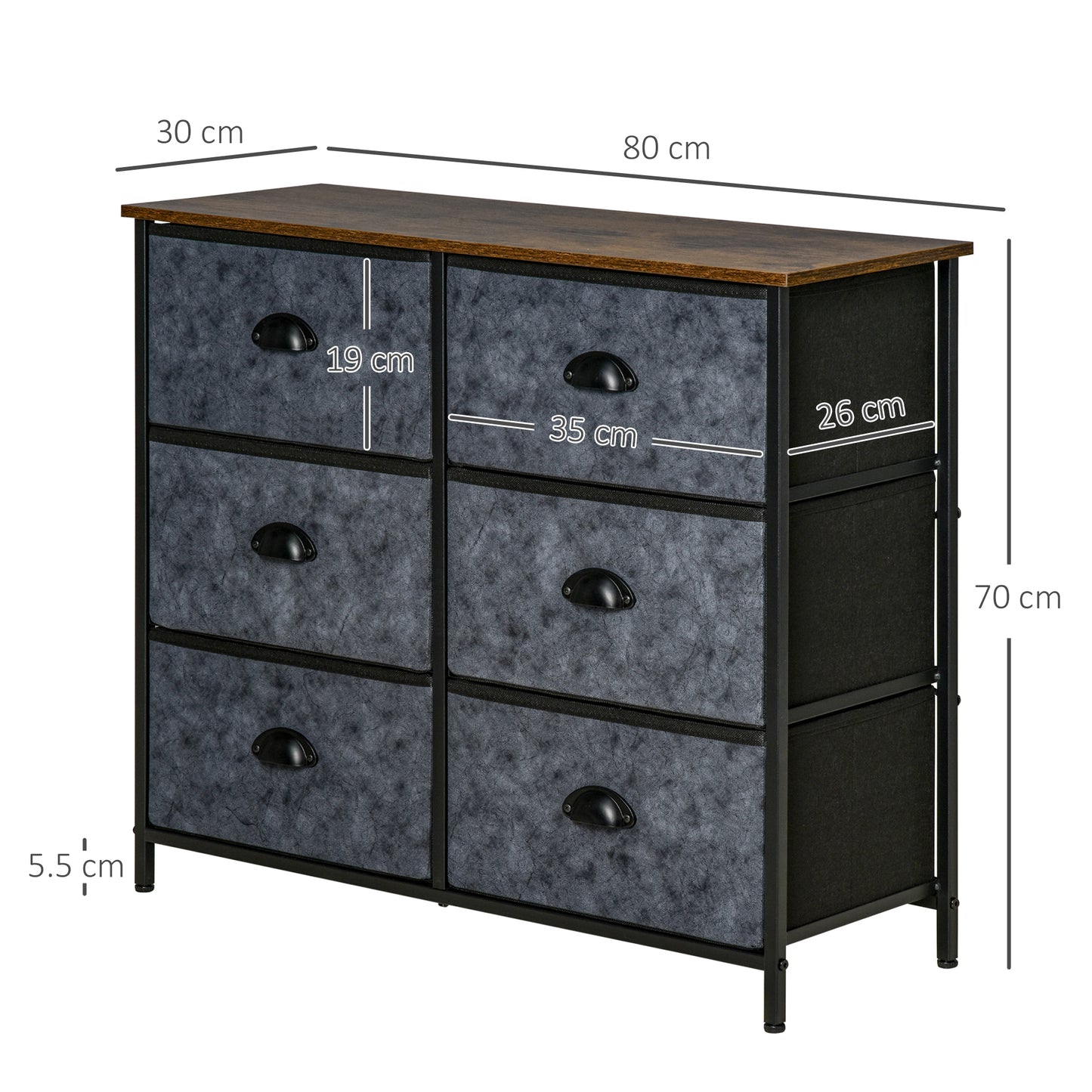 Chest of Drawer Fabric Dresser Storage Cabinet for Bedroom Night Stand with 6 Drawers Steel Frame Handles - Grey and Black