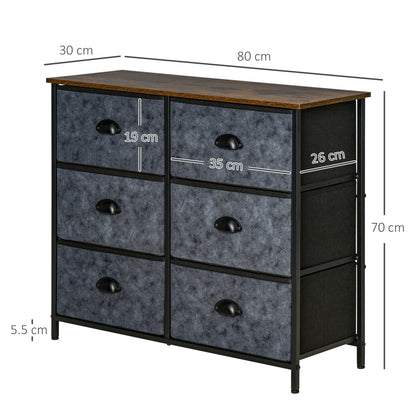 Chest of Drawer Fabric Dresser Storage Cabinet for Bedroom Night Stand with 6 Drawers Steel Frame Handles - Grey and Black