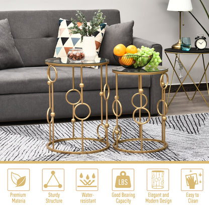 Modern Round Coffee Tables Set of 2, Gold Nest of Tables with Tempered Glass Top, Steel Frame for Living Room, Gold