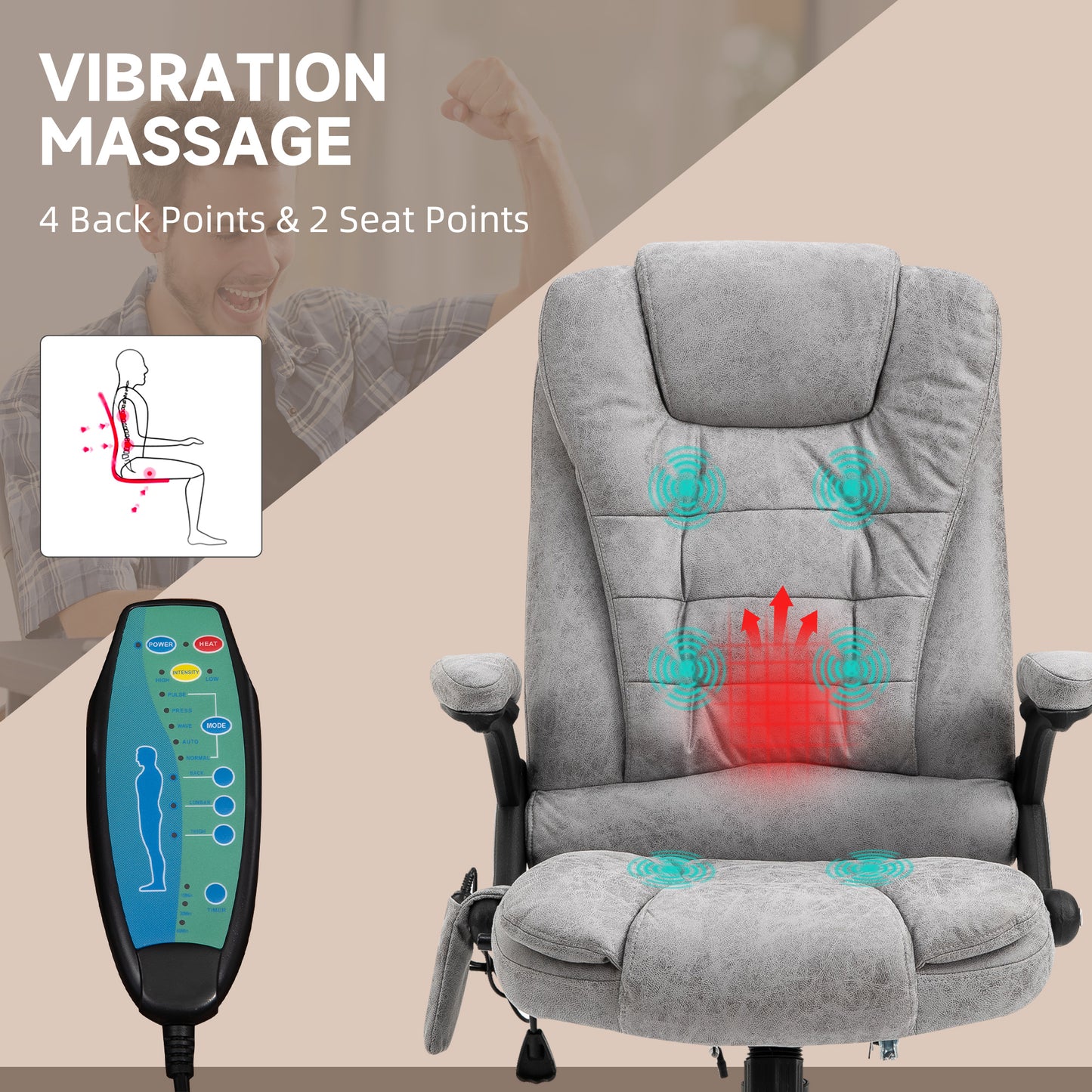 Heated Massage Recliner Office Chair | 6 Point Massage | Microfiber Cloth | High Back | Armrests | 130° Recline | 360° Swivel | Height Adjustable 107-116cm | 120kg | Grey