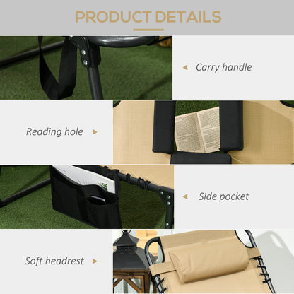 Outsunny Folding Sun Lounge With 5 Level Reclining Back, Tanning Chair With Reading Hole, Lounger with Side Pocket, Headrest - Beige