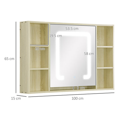 Kleankin LED Bathroom Mirror Cabinet, Wall Mounted Dimmable Medicine Cabinet with Adjustable Shelf and Mirrored Door, Natural
