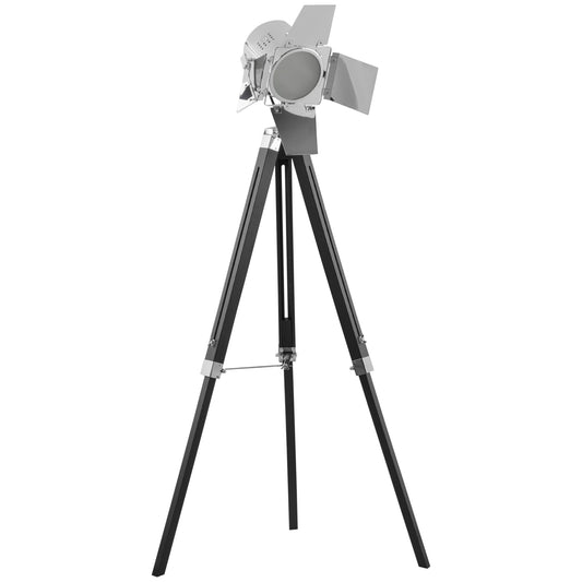 Industrial Tripod Floor Lamp, Nautical Cinema Standing Spotlight with Wood Legs and Adjustable Height for Living, Bedroom, Black and Silver