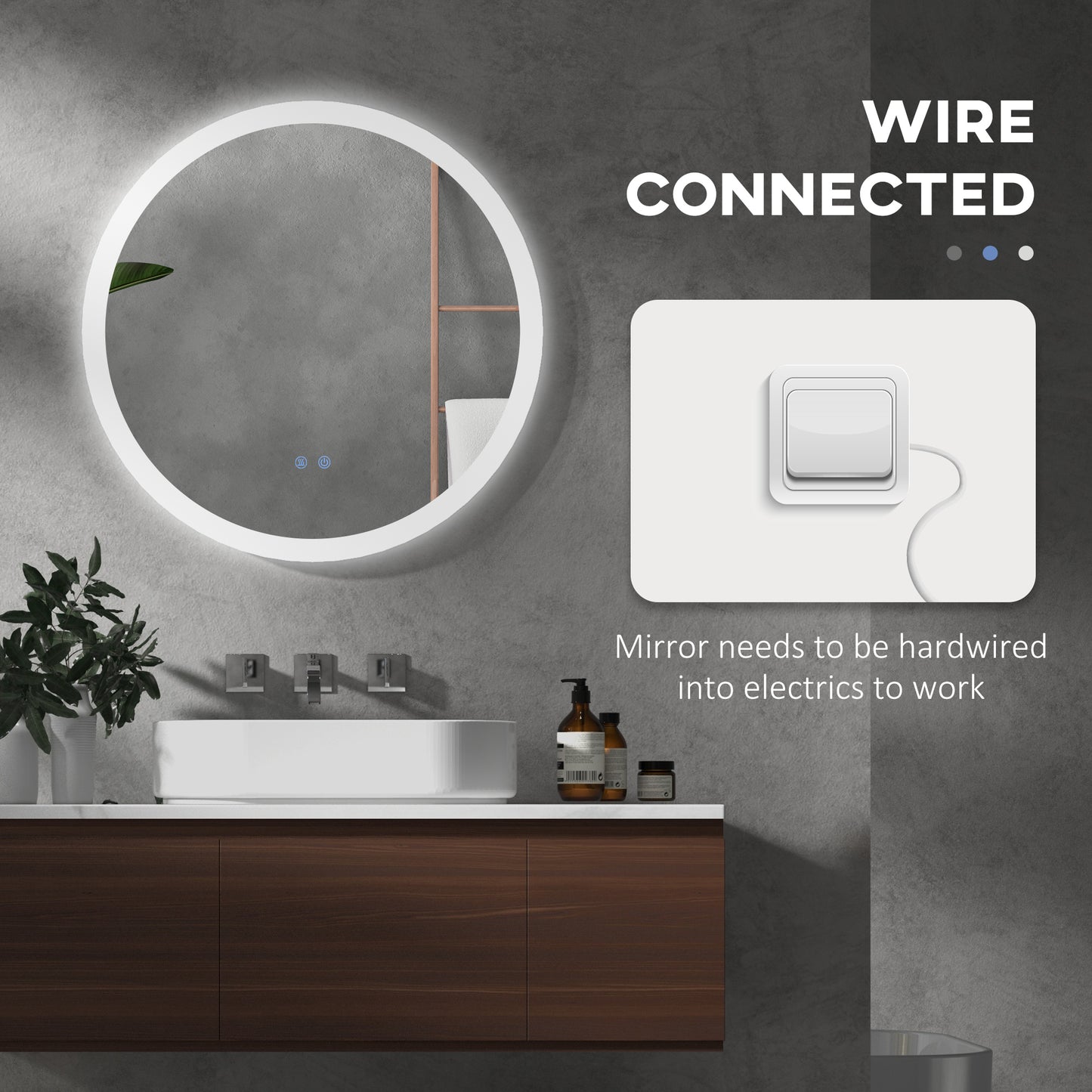 Kleankin Round Illuminated Bathroom Mirrors w/ LED Lights, Wall Mount Mirror w/ 3 Colours, Anti-Fog, Memory Function & Aluminium, 70 x 70 cm