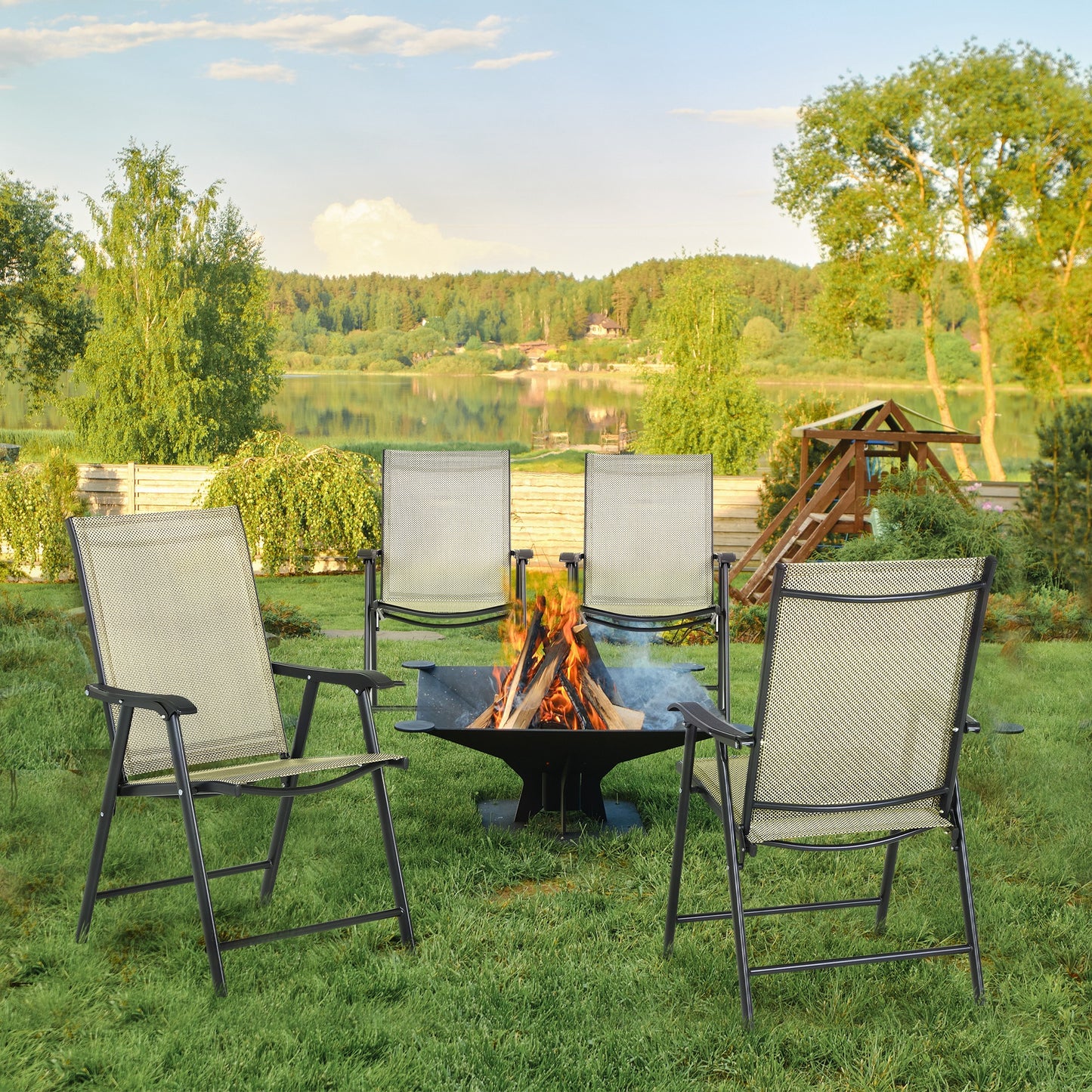 Outsunny Set of 4 Folding Garden Chairs, Metal Frame Garden Chairs Outdoor Patio Park Dining Seat with Breathable Mesh Seat, Beige