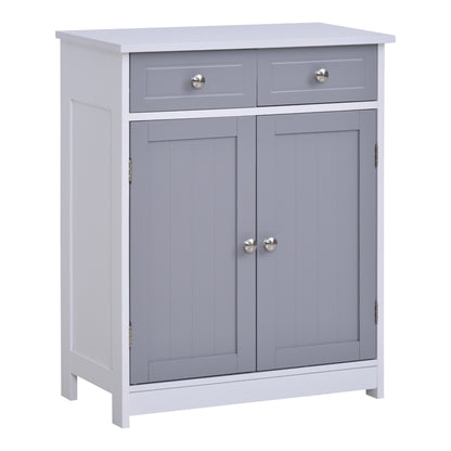 Kleankin Bathroom Storage Cabinet Free-Standing Bathroom Cabinet Unit w/ 2 Drawers Cupboard Adjustable Shelf Metal Handles 75x60cm - Grey and White