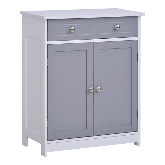 Kleankin Bathroom Storage Cabinet Free-Standing Bathroom Cabinet Unit w/ 2 Drawers Cupboard Adjustable Shelf Metal Handles 75x60cm - Grey and White