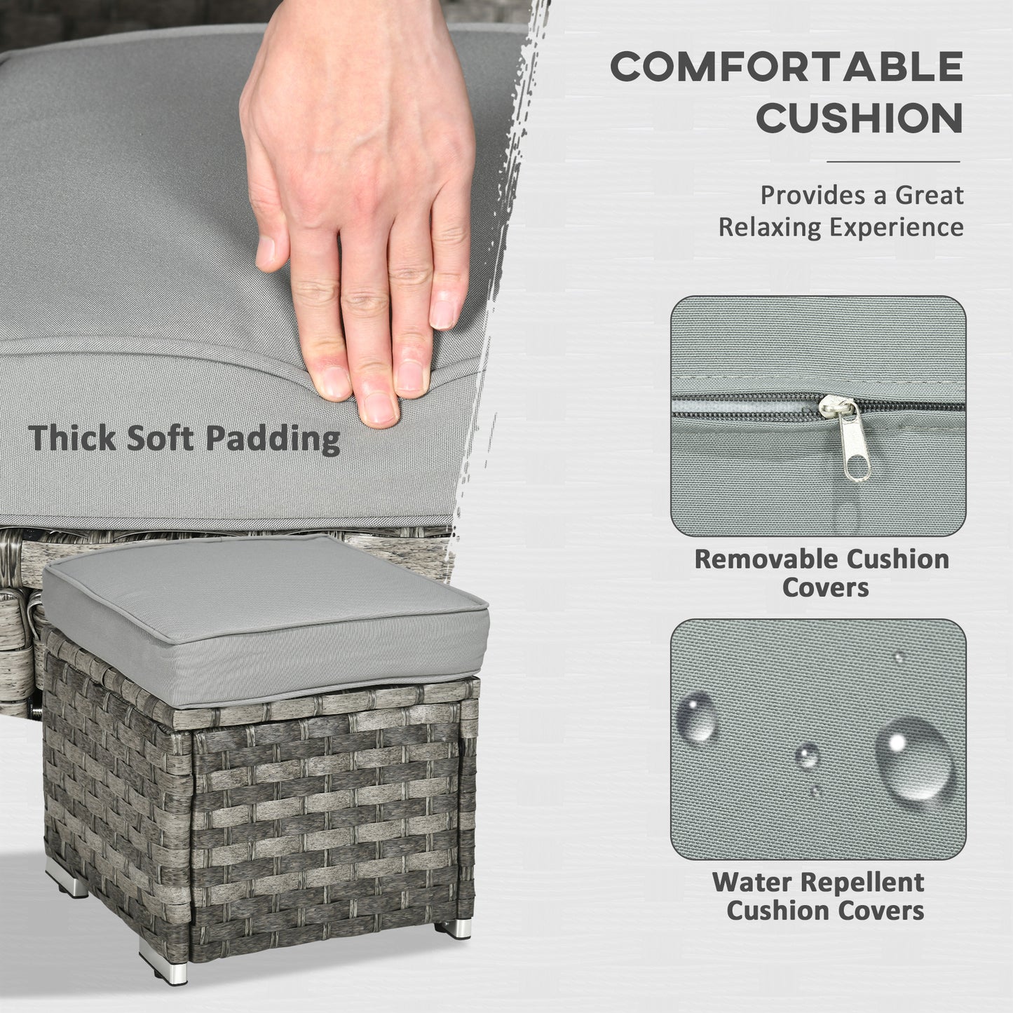 Outsunny 9-Seater PE Rattan Garden Furniture Set, 50,000 BTU Gas Fire Pit Table, Double Corner Sofa, 3 Footstools, Grey