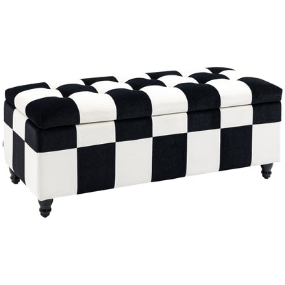 Velvet Storage Ottoman, Button-tufted Footstool Box, Toy Chest with Lid for Living Room, Bedroom, White and Black 114 x 47 x 47cm