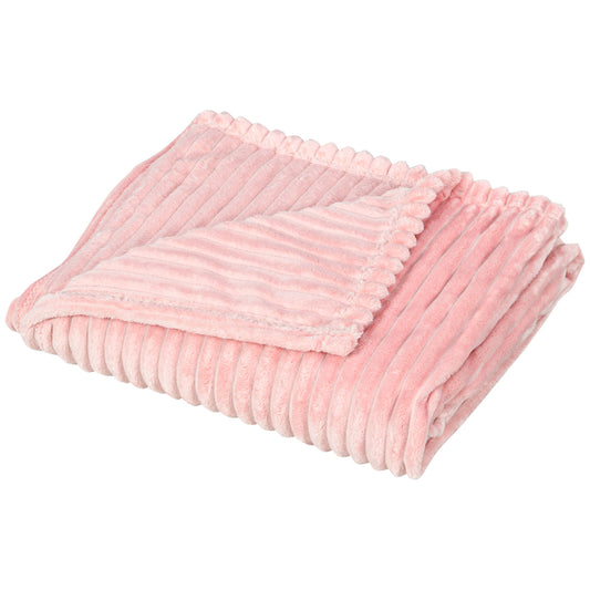 Flannel Fleece Throw Blanket, Fluffy Warm Throw Blanket, Striped Reversible Travel Bedspread, Single Size, 152 x 128cm, Pink