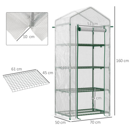 Outsunny 4 Tier Mini Greenhouse, Portable Green House with Steel Frame, PE Cover, Roll-up Door, 70 x 50 x 160 cm, White
